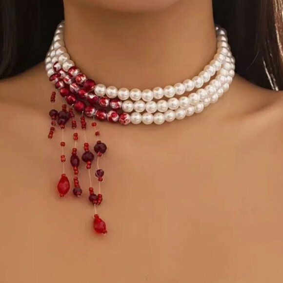 Dracula Red blood Pearl Scarlet Crystal Choker Necklace - Picture 2 of 4